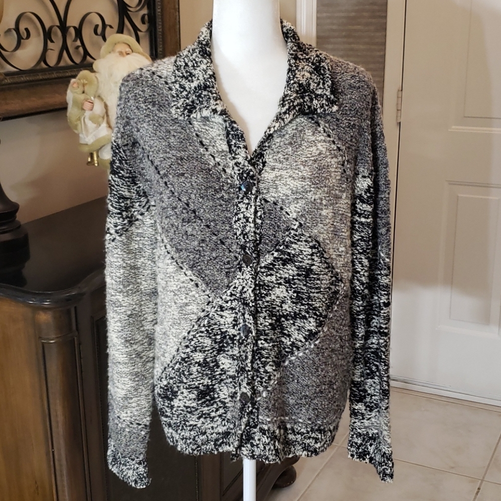 Chico's Black & White Marled Button-Up Shawl Collar Cardigan